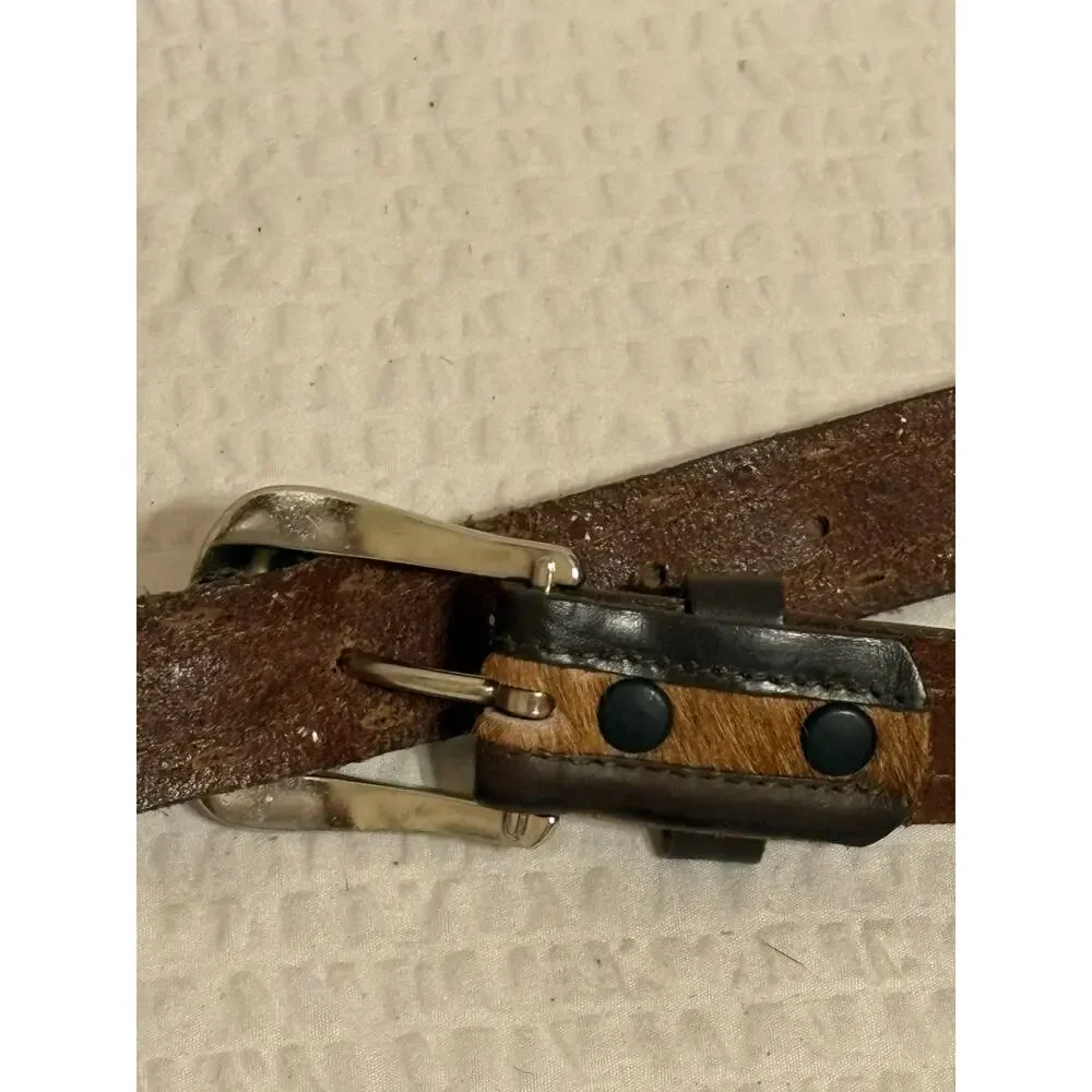 VTG Mexican Made XL Brown Hair on Hide Leather Belt With Studs and Rhinestones